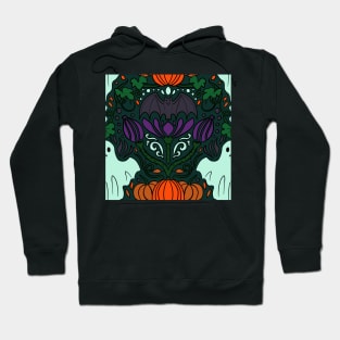 Spooky Ghost and Bat and Pumpkin Halloween Damask Repeat Print Deep Green Hoodie